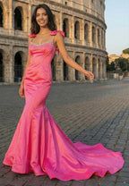 Glamorous Mermaid Sweetheart Bow-Strap Low-Back Train Prom Dress