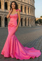 Glamorous Mermaid Sweetheart Bow-Strap Low-Back Train Prom Dress