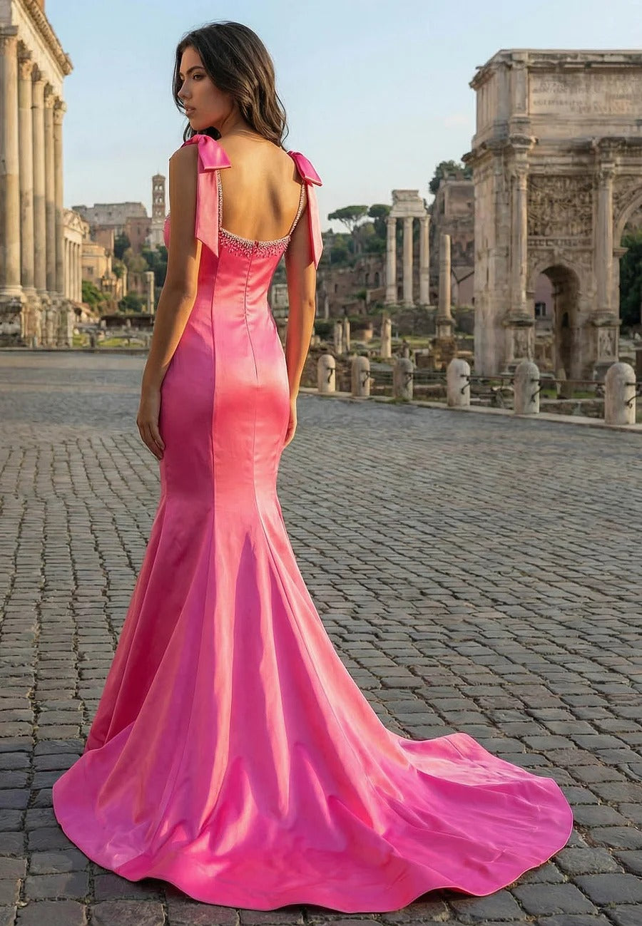 Glamorous Mermaid Sweetheart Bow-Strap Low-Back Train Prom Dress