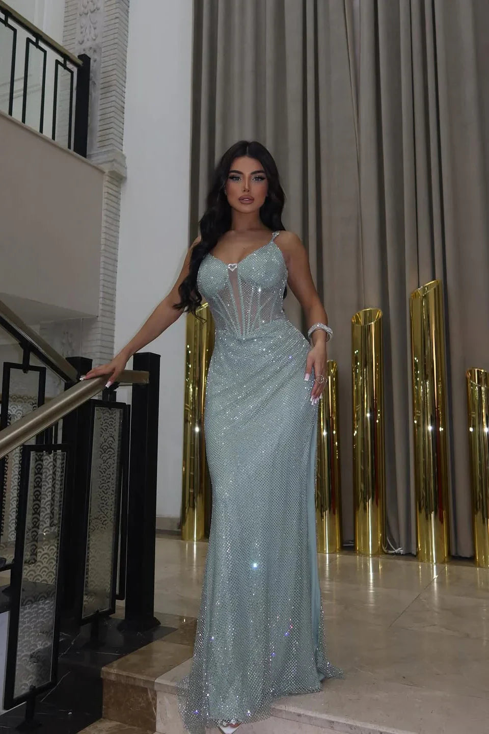 Glamorous Crystal Embellished Mermaid Gown with Lace-Up Back: Prom Dress