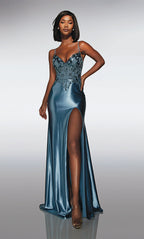 Glamorous Steel Blue Satin Mermaid Gown with Beaded Lace Bodice: Prom Dress