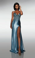 Glamorous Steel Blue Satin Mermaid Gown with Beaded Lace Bodice: Prom Dress