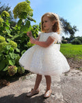Glitter Short Ball Gown Sequins Feather Flower Girl Dress with Bow
