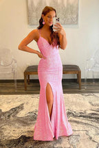Glitter Mermaid Pink Sequins Mesh Split Prom Evening Dress