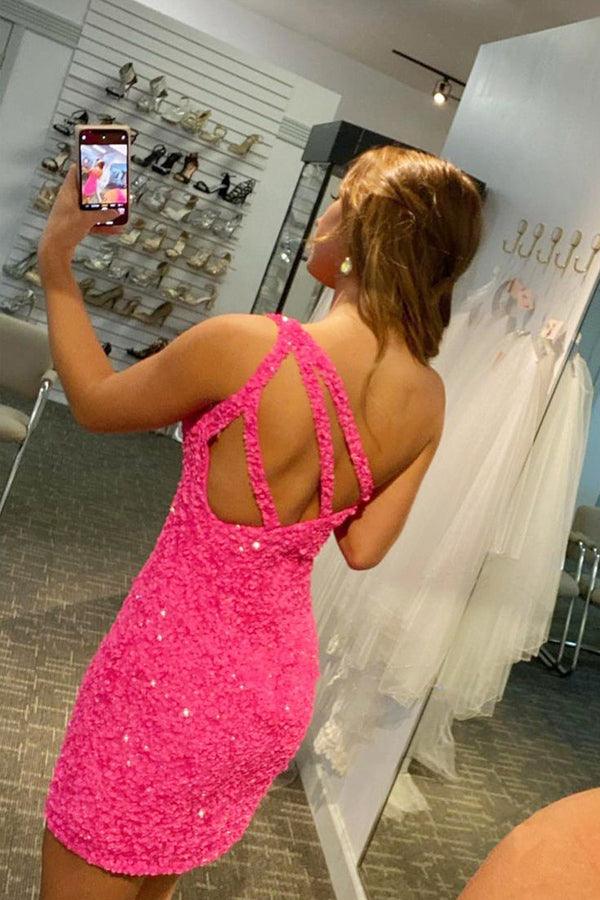 Glitter One-Shoulder Homecoming Dress With Sequins