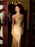 Satin Maxi Prom Dresses with One Shoulder Crisscross Straps Open Back Mermaid Skirt for Prom and Gala