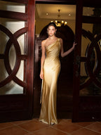 Satin Maxi Prom Dresses with One Shoulder Crisscross Straps Open Back Mermaid Skirt for Prom and Gala