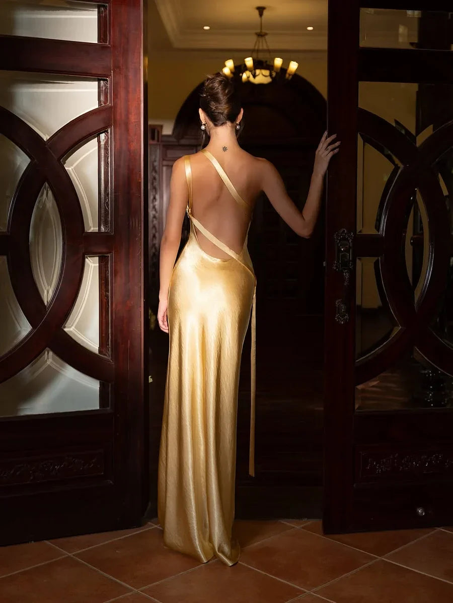 Satin Maxi Prom Dresses with One Shoulder Crisscross Straps Open Back Mermaid Skirt for Prom and Gala