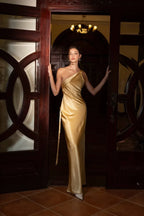 Satin Maxi Prom Dresses with One Shoulder Crisscross Straps Open Back Mermaid Skirt for Prom and Gala