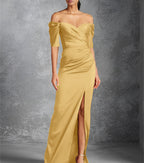 Sheath/Column Off-the-Shoulder Short Sleeves Floor-Length Mother of the Bride Dresses With Split Front