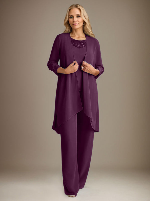 Chiffon Scoop Long Sleeves Mother Of The Bride Pantsuits With Jacket