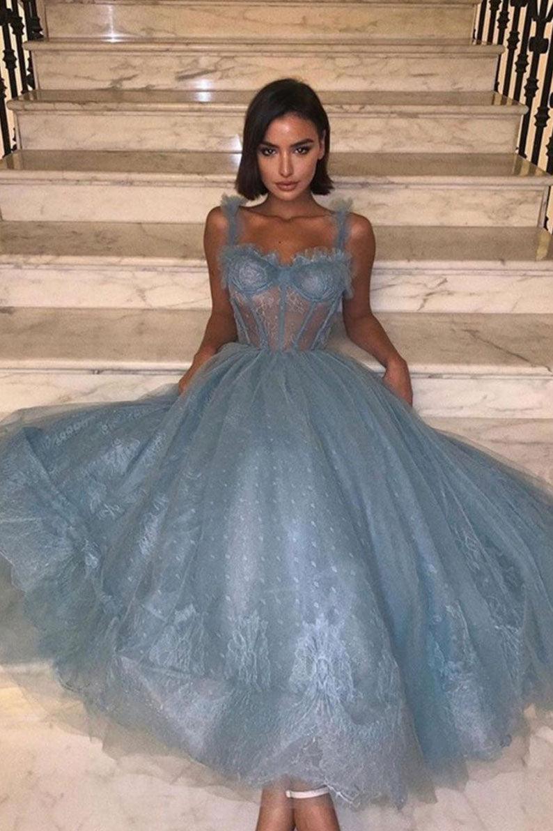 Tulle Lace Tea Length Prom Dress Tulle Lace Homecoming Dress