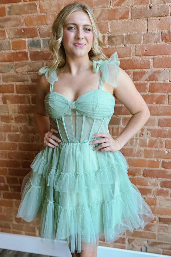 Straps A-Line Tulle Tiered Short Corset Homecoming Dress