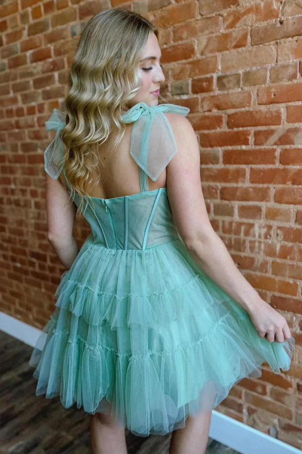 Straps A-Line Tulle Tiered Short Corset Homecoming Dress