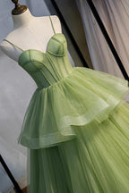 Green Tulle Long Prom Dresses A-Line Evening Dresses with Train