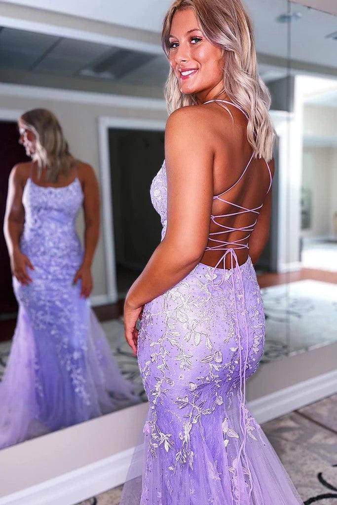 Green Tulle Mermaid Scoop Neck Lace Up Prom Dresses Evening Dresses
