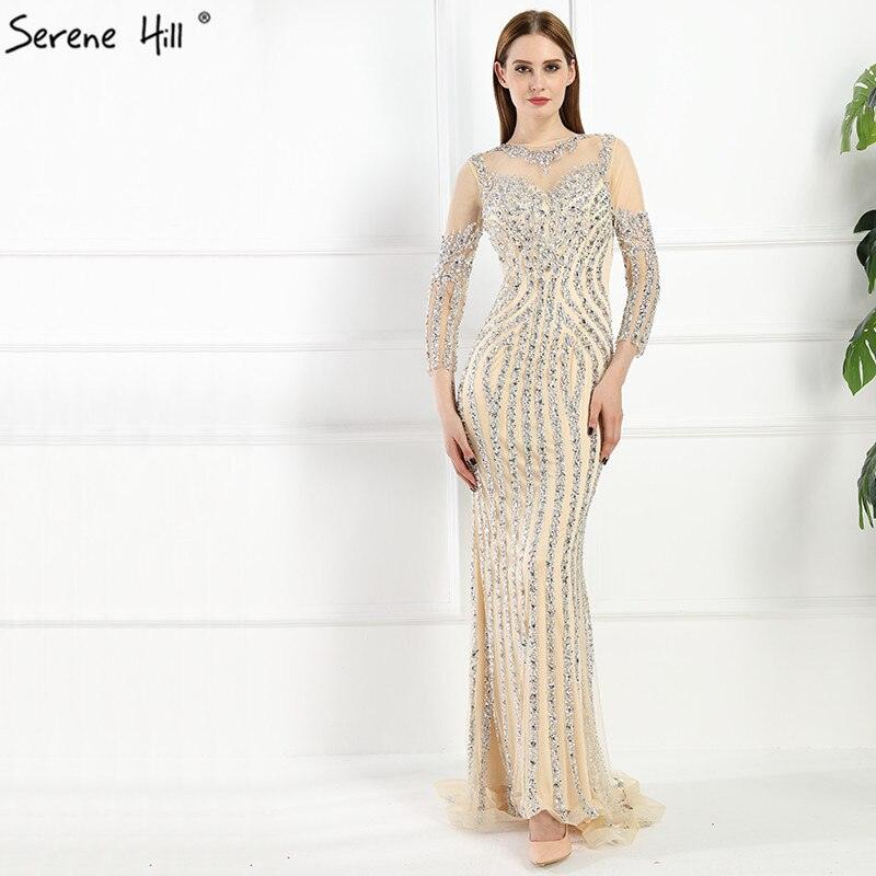 Grey Luxury Long Sleeves Sparkly Evening Dresses Mermaid Sexy Diamond Beading Formal Dress 2024  Real Photo  LA6591