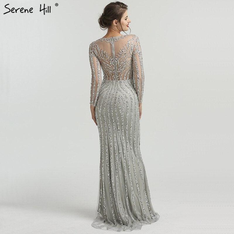 Grey Luxury Long Sleeves Sparkly Evening Dresses Mermaid Sexy Diamond Beading Formal Dress 2024  Real Photo  LA6591
