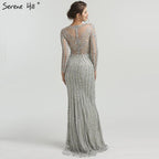 Grey Luxury Long Sleeves Sparkly Evening Dresses Mermaid Sexy Diamond Beading Formal Dress 2024  Real Photo  LA6591