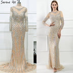 Grey Luxury Long Sleeves Sparkly Evening Dresses Mermaid Sexy Diamond Beading Formal Dress 2024  Real Photo  LA6591