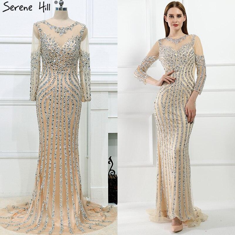 Grey Luxury Long Sleeves Sparkly Evening Dresses Mermaid Sexy Diamond Beading Formal Dress 2024  Real Photo  LA6591