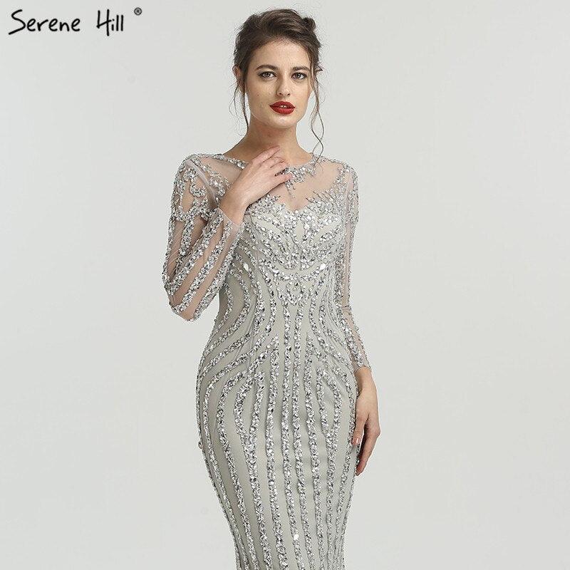 Grey Luxury Long Sleeves Sparkly Evening Dresses Mermaid Sexy Diamond Beading Formal Dress 2024  Real Photo  LA6591