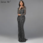 Grey Luxury Long Sleeves Sparkly Evening Dresses Mermaid Sexy Diamond Beading Formal Dress 2024  Real Photo  LA6591