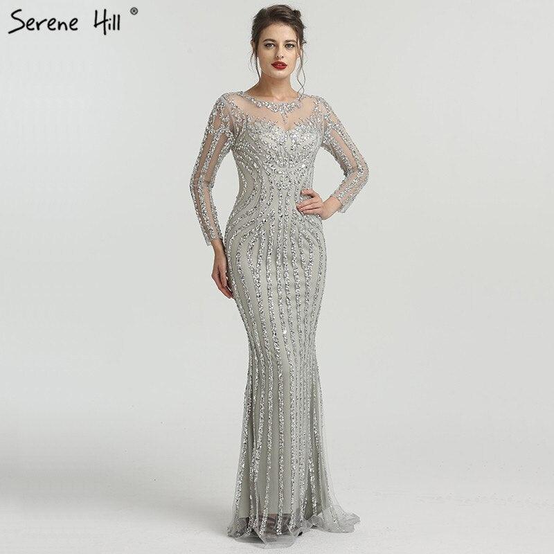 Grey Luxury Long Sleeves Sparkly Evening Dresses Mermaid Sexy Diamond Beading Formal Dress 2024  Real Photo  LA6591