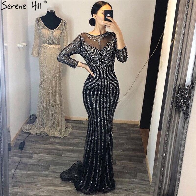 Grey Luxury Long Sleeves Sparkly Evening Dresses Mermaid Sexy Diamond Beading Formal Dress 2024  Real Photo  LA6591