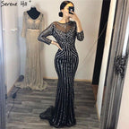 Grey Luxury Long Sleeves Sparkly Evening Dresses Mermaid Sexy Diamond Beading Formal Dress 2024  Real Photo  LA6591