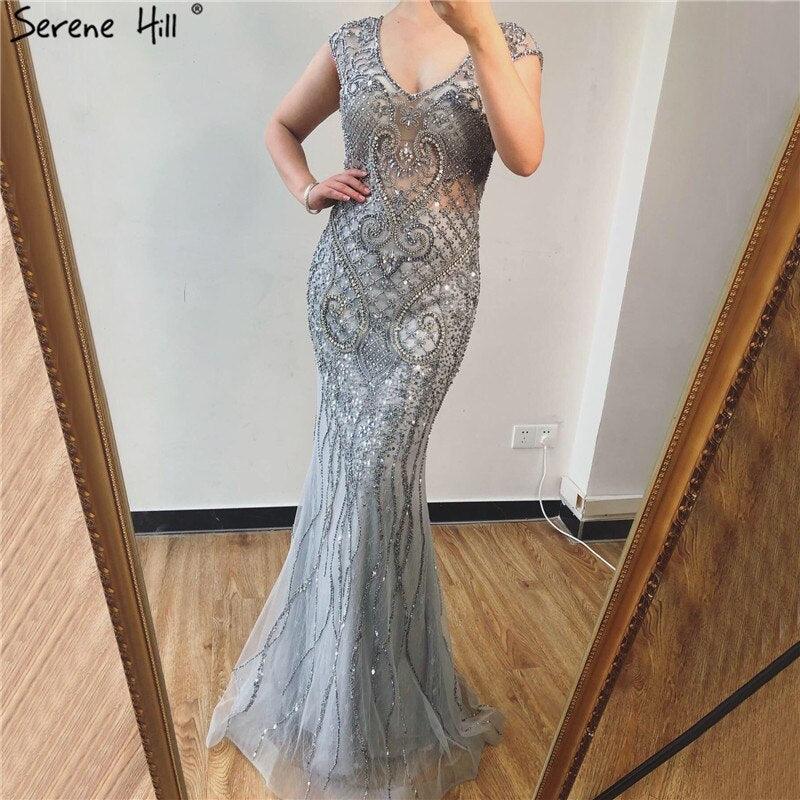 Grey Luxury V-Neck Mermaid Evening Dresses Design Dubai Full Diamond Sexy Formal Dress Serene Hill LA70063