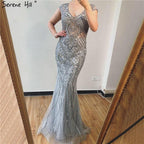 Grey Luxury V-Neck Mermaid Evening Dresses Design Dubai Full Diamond Sexy Formal Dress Serene Hill LA70063