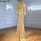 Grey Mermaid Long Sleeves Dubai Evening Dresses Luxury Diamond Beading O-Neck Formal Dress 2024 Serene Hill LA70503