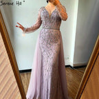 Dubai Luxury Grey With DetachableTrain Evening Dresses  Long Diamond Mermaid Beading Formal Dress Serene Hill LA70341