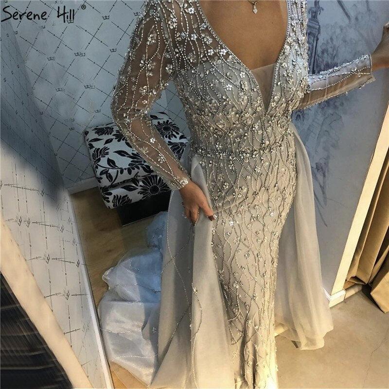 Dubai Luxury Grey With DetachableTrain Evening Dresses  Long Diamond Mermaid Beading Formal Dress Serene Hill LA70341