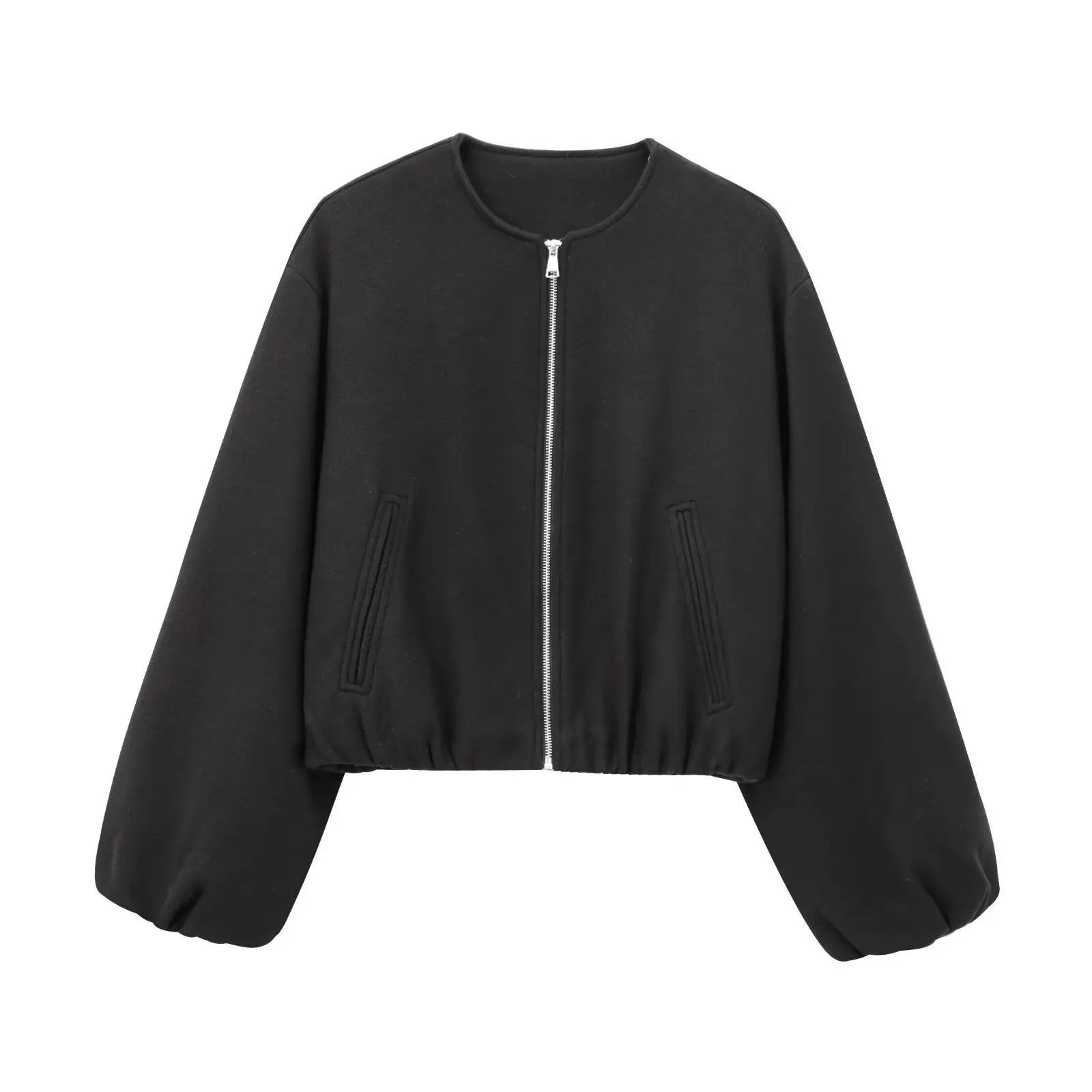 Women Coat Female Women Retro Round Neck Long Sleeve Elastic Hem Zipper Soft Bomber Jacket Ladies Fashion Autumn Winter Jacket