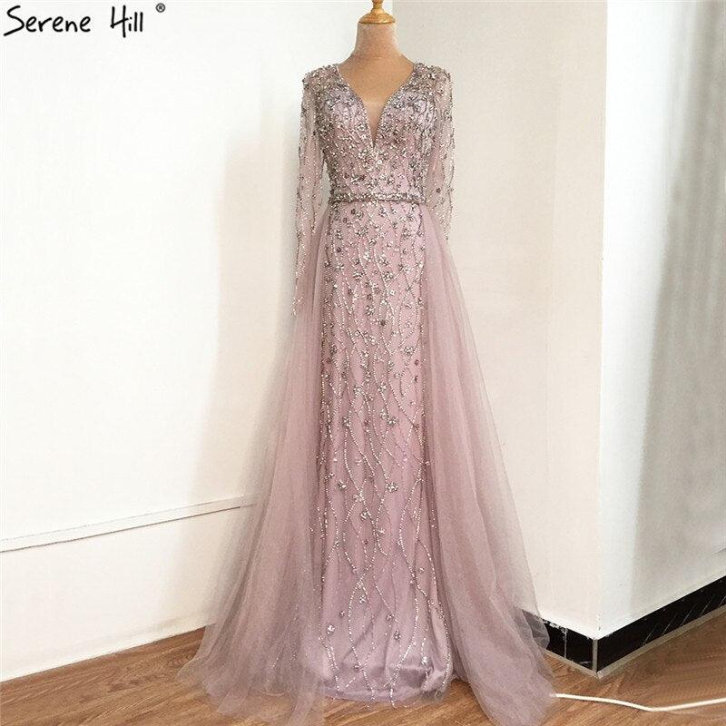 Dubai Luxury Grey With DetachableTrain Evening Dresses  Long Diamond Mermaid Beading Formal Dress Serene Hill LA70341