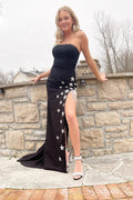 Sheath Strapless Strech Satin Prom Dress with Stars and Fringes