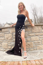 Sheath Strapless Strech Satin Prom Dress with Stars and Fringes