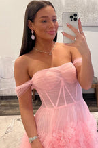 A Line Off the Shoulder Ruffled Tulle Prom Dress with Slit