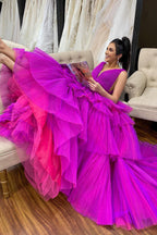 A-Line V Neck Tiered Tulle Prom Dress