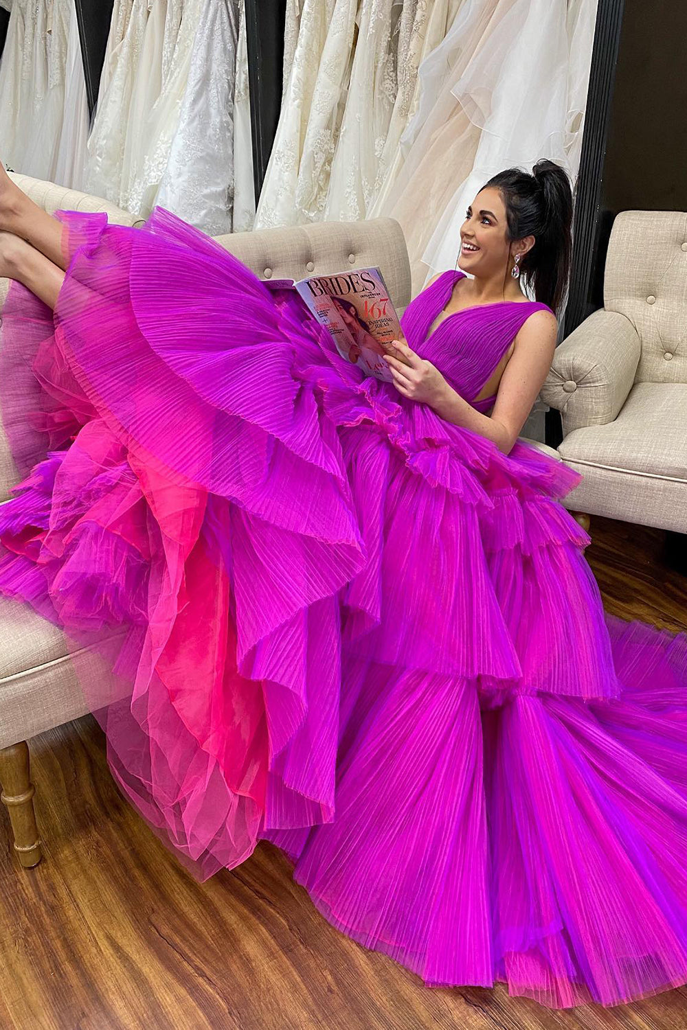 A-Line V Neck Tiered Tulle Prom Dress
