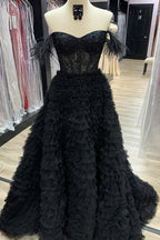 A Line Sweetheart Tiered Tulle Long Prom Dress With Slit
