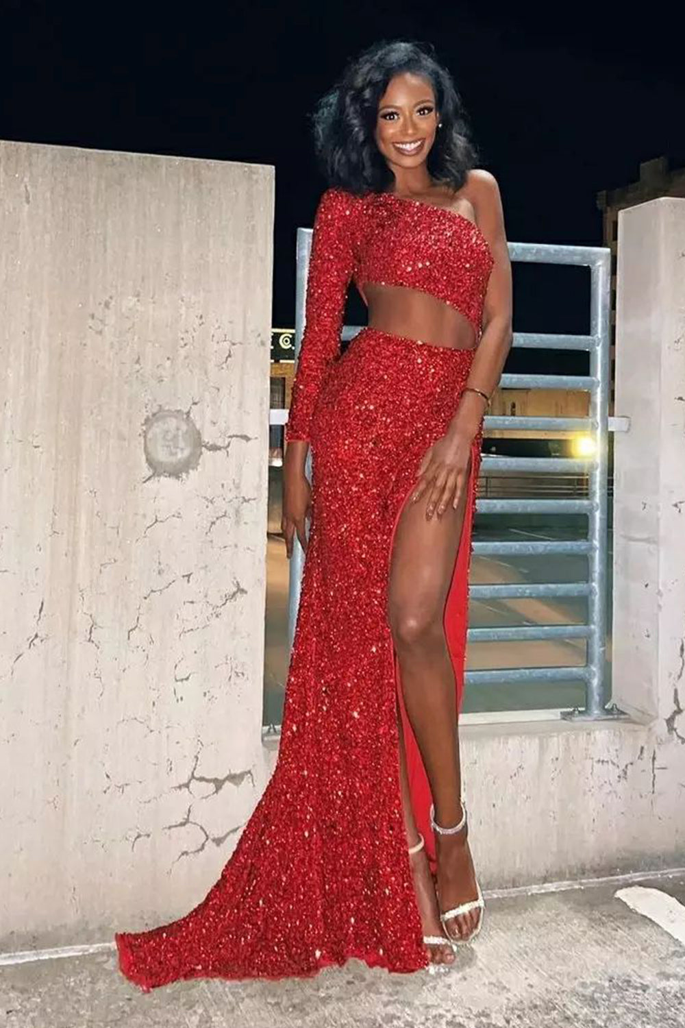 One Shoulder Red Sequins Long Prom Dress with Silt