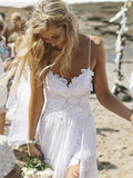NumberSea Spaghetti Straps White Chiffon Front Slit Beach Wedding Dress with Lace Elegant Open Back Bridal Dress