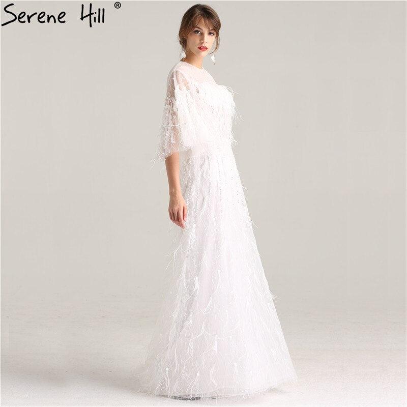 On Sale No Return No Refund Sale Half Sleeve Dream Feather Tassel  Evening Dresses 2024 White Pearls Fashion Sexy Formal Evening Gowns LA6225