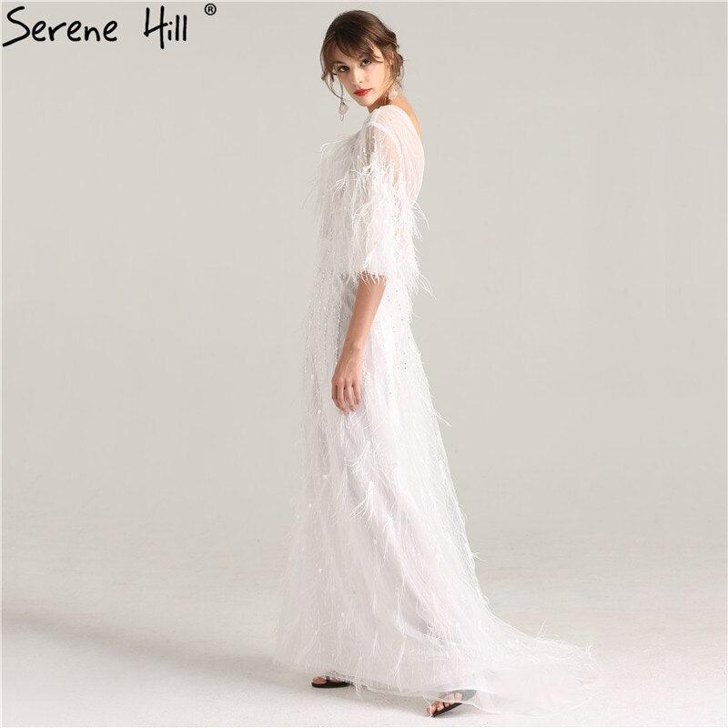 On Sale No Return No Refund Sale Half Sleeve Dream Feather Tassel  Evening Dresses 2024 White Pearls Fashion Sexy Formal Evening Gowns LA6225