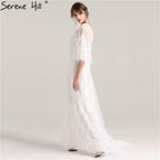 On Sale No Return No Refund Sale Half Sleeve Dream Feather Tassel  Evening Dresses 2024 White Pearls Fashion Sexy Formal Evening Gowns LA6225