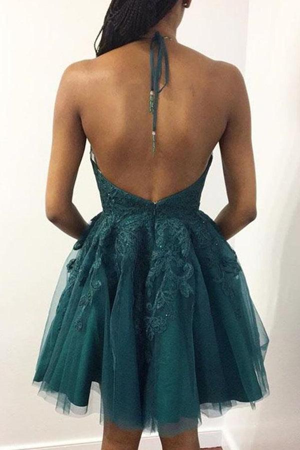 Halter Neck Short Emerald Green Lace Prom Dresses Homecoming Dresses