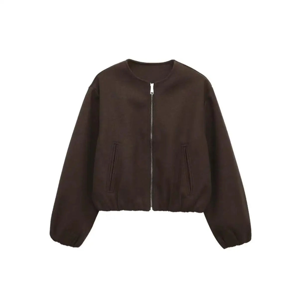 Women Coat Female Women Retro Round Neck Long Sleeve Elastic Hem Zipper Soft Bomber Jacket Ladies Fashion Autumn Winter Jacket